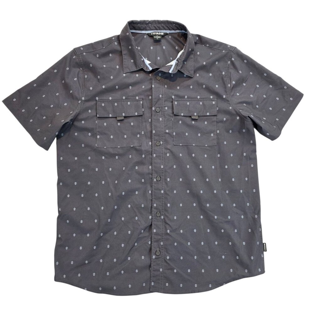 Voyager Men's Short Sleeve Woven Button‎ Front Stretch Performance Shirt Grey Lg